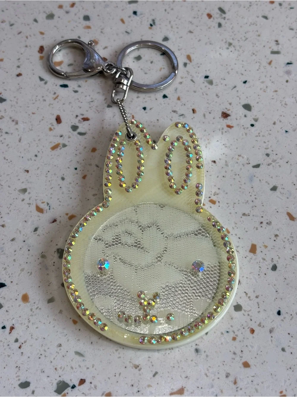 Bunny Mirror Keychain Charm with‎ Iridescent Rhinestones - Lace Cream